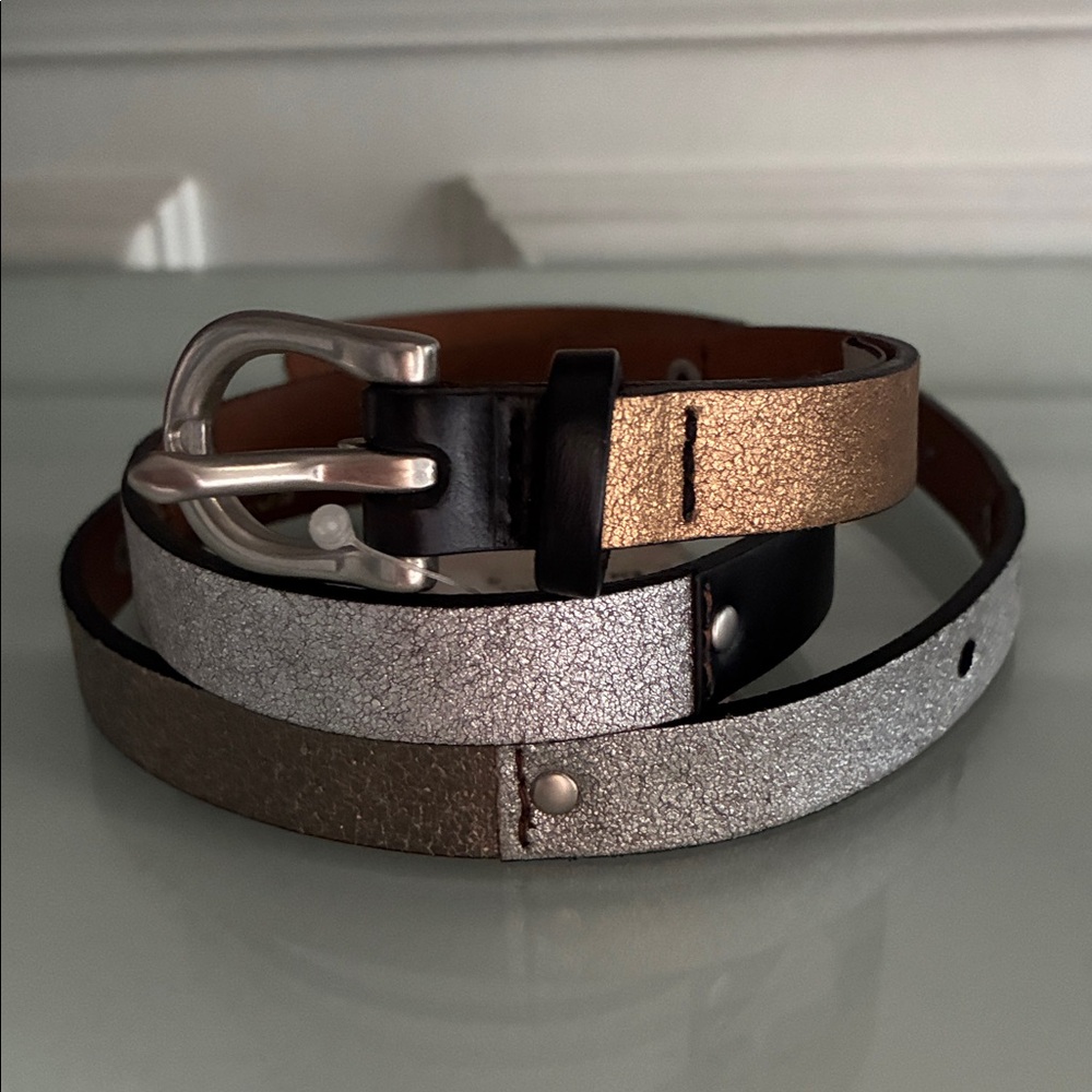 NWT $34 Fossil Leather Metallic & Black Multi Colorblock Skinny Belt